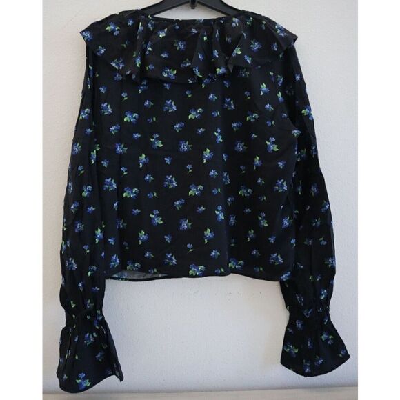 WeWoreWhat WWDT54-1 Women's Sz Medium Black Multi Watercolor Ditsy Ruffle Blouse - Picture 2 of 9